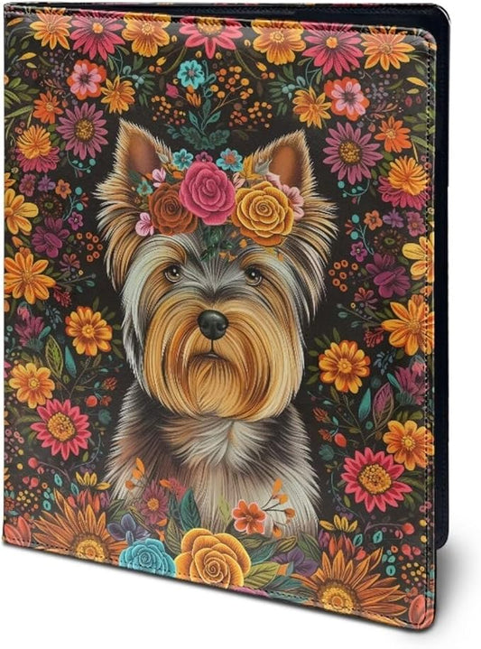 Office Folder Flower Dog Print PU Leather Padfolio with A4 Size Clipboard Clip for Business Resume Interview Document Sleeve Binder Folder for Men/Women