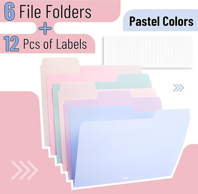 Mr. Pen- Pastel Poly File Folders, 1/3 Cut Tab, 6 Pack, Letter Size, Colored Letter Office Supplies File Folders