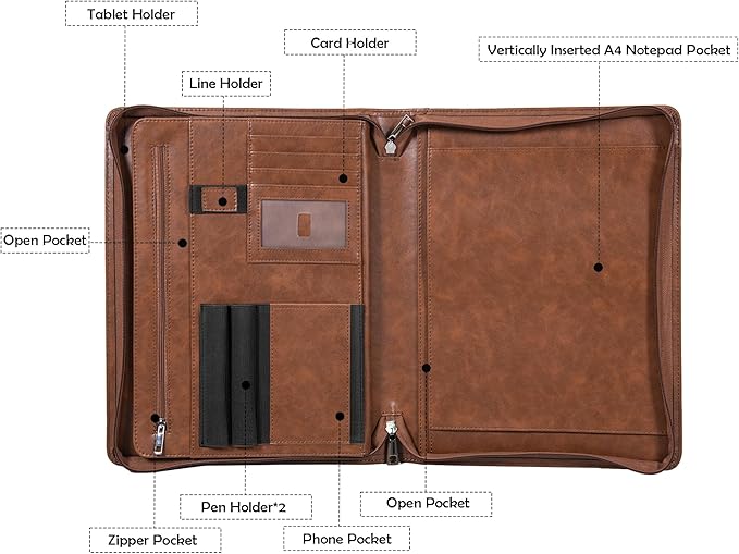 Personalized Leather Portfolio with Zipper, Professional Business Portfolio with A4/US letter Writing Pad holder for Resume, Interview, Leather Portfolio for Men and Women, Brown, Customized