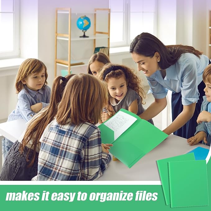 Gueevin 24 Pcs Plastic Folders with Pockets, Two Pocket Folder Fit Letter Size, Heavy Duty School Business Card Holder for Home Office School Bussiness, 11.61 x 9.45 Inches (Green)