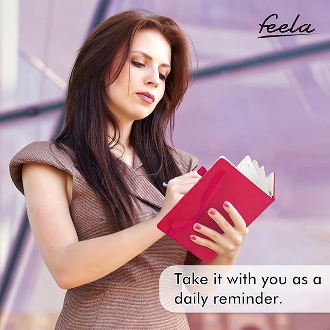 feela 5 Pack Notebooks Journals Bulk, Hardcover Notebook Classic Ruled Lined Journals with Pen Holder for Women Girls School Business Supplies, with 5 Black Pens, 120 GSM, 5.1”x8.3”, A5, Berry