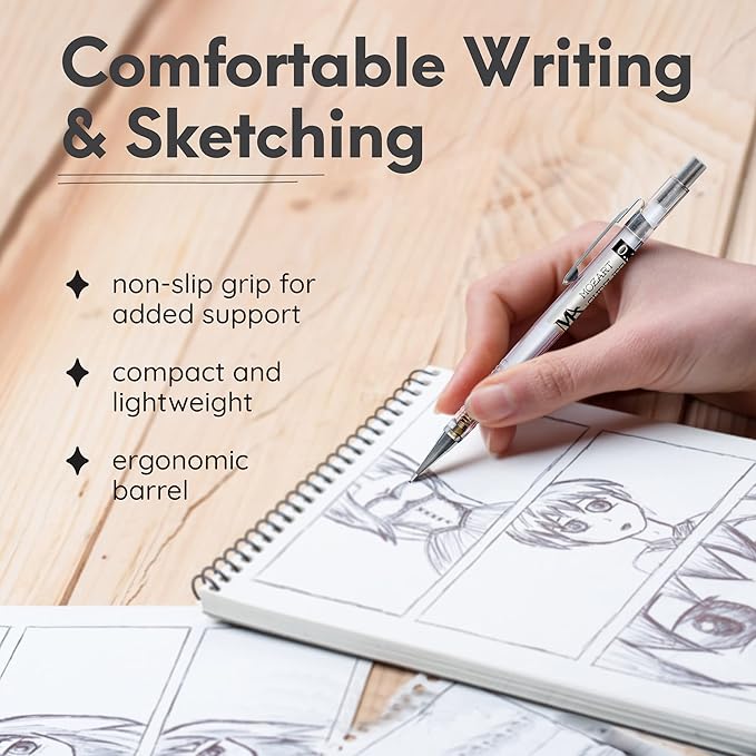 MozArt Mechanical Pencil Set with Case - 4 Sizes: 0.3, 0.5, 0.7 & 0.9mm with 30 HB Lead Refills Each & 4 Eraser Refills -Sketch, Drafting, Art, Drawing Supplies (Clear)