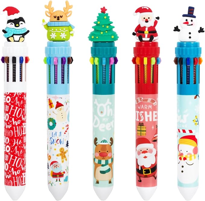 Cute Cartoon Christmas Multicolor Ballpoint Pen 0.7 mm, 10-in-1 Colored Pens Fine Point Retractable Ballpoint Pens for Office School Students Kids Birthday Gift, 5 Pack