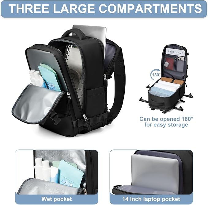 Travel Backpack Simple Durable Carry On Backpack with Shoe Compartment, Personal Item Travel Bag Flight Approved, Water Resistant Laptop Backpack for Women Men Weekender Business, Black