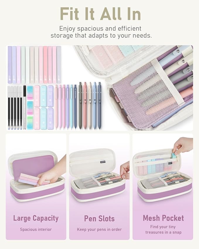 Four Candies 39 PCS Aesthetic School Supplies with Cute Pen Case, 12 Pastel Highlighters, 5 Black Ink Gel Pens, 6 Mechanical Pencils Set 0.5 & 0.7mm for Students Stationary College Essentials (Purple)