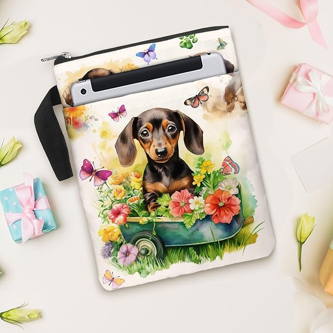 84hoods Book Cover Bag with Zipper and Front Pocket. Flower Garden. Washable Fabric Padded Protector Pouch for Paperbacks. Dachshund and Book Lovers Gift. 11 X 8.5 Inch.