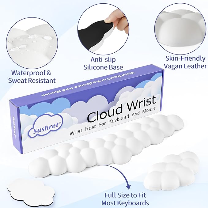 Cloud Wrist Rest Keyboard, Cloud Palm Rest Set with PU Leather Memory Foam, Cute Keyboard Rest for Wrist Support and Arm Rest, Desk Cloud Wrist Pad for PC/Gaming/Hand Cushion/Computer-White