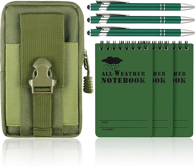 7 Piece Waterproof Notebook, 3 X 5 Inch Waterproof Notepad with Waterproof Weatherproof Pen and Waterproof Multi Functional Waist Pack for Outdoor Activities Recording (Army Green)