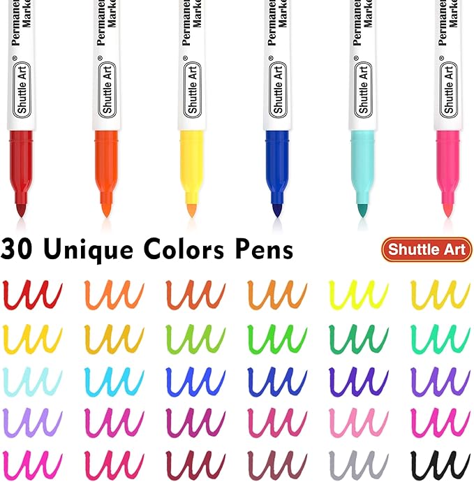 Shuttle Art 30 Colors Permanent Markers, Fine Point, Assorted Colors, Works on Plastic,Wood,Stone,Metal and Glass for Kids Adult Coloring Doodling Marking