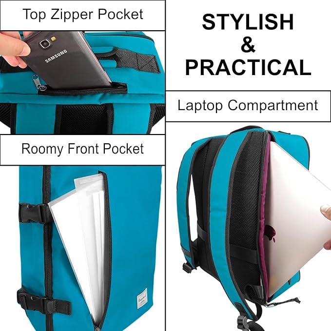 Cabin Hand Luggage Backpack Small Carry-On Daypack Airplane Travel Under-seat for Women Men fits 15.6-inch Laptop, Water Blue