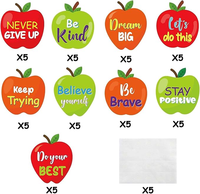 BeYumi 45 Pcs Apples Positive Sayings Accents Cutouts for Classroom Bulletin Board Decoration Inspirational Motivational Quotes Name Tags Wall Decals Creative Back to School Educational Materials