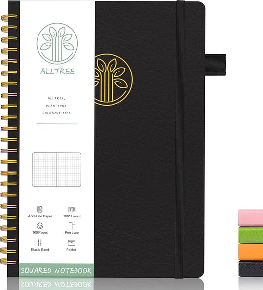 Alltree Spiral Graph Grid Notebook for Work, Leather Hardcover Spiral Notebook with Tabs, Pen Loop, Pocket, Stickers, 160 Pages, Journal for Women & Men, Black(6"x8.5")