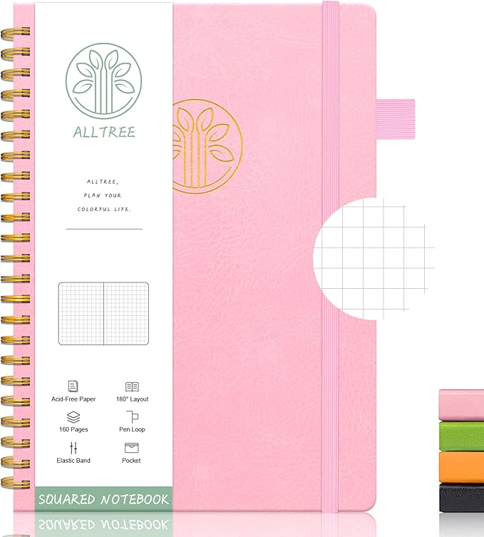 Alltree Large Graph Notebook Journal, Spiral Graph Grid Notebook for Work, Spiral Notebook with Pen Loop, Pocket, Stickers, 160 Pages, Journal for Women & Men, Pink(6"x8.5")
