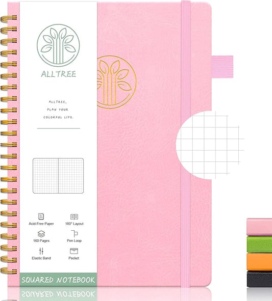 Alltree Large Graph Notebook Journal, Spiral Graph Grid Notebook for Work, Spiral Notebook with Pen Loop, Pocket, Stickers, 160 Pages, Journal for Women & Men, Pink(6"x8.5")