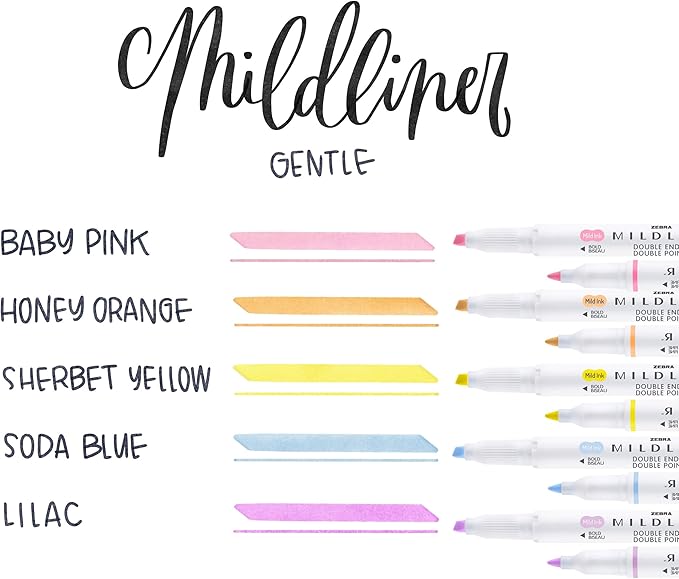 Zebra Pen Mildliner Double-Ended Highlighter Set, Chisel and Bullet Point Tips, No Bleed Bible Assorted Gentle Ink Colors, 5-Pack, Model Number: 78705