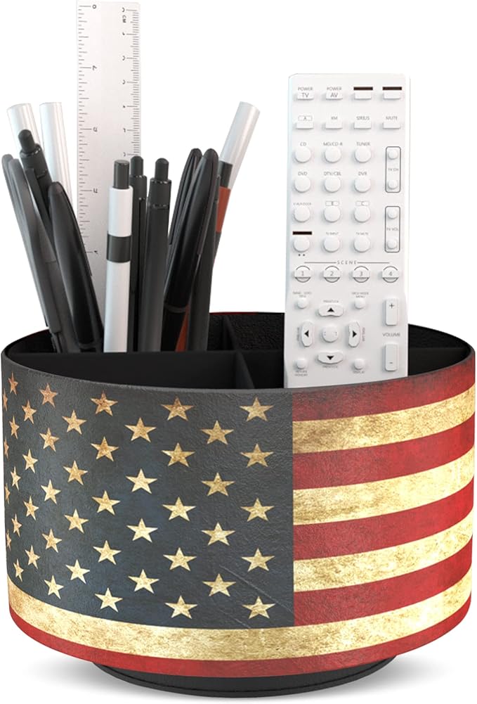 Hennaja Round Leather Art Supply Organizer,Remote Control Holder,360 Degree Rotating,Multi-Functional Pencil Holder,4 Compartments Desktop Stationary Organizer(1-American Flag)