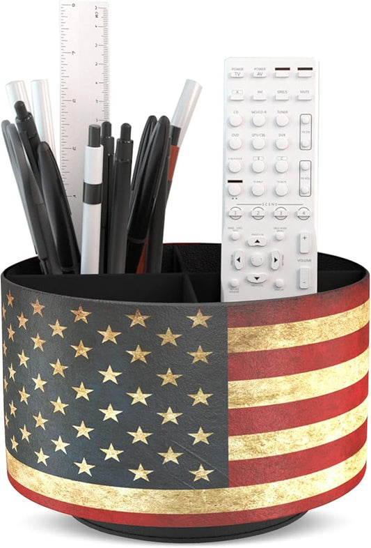 Hennaja Round Leather Art Supply Organizer,Remote Control Holder,360 Degree Rotating,Multi-Functional Pencil Holder,4 Compartments Desktop Stationary Organizer(1-American Flag)