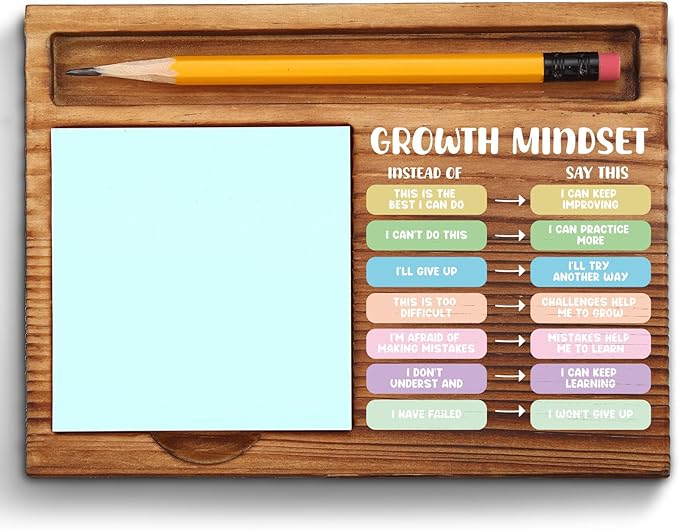 vizuzi Growth Mindset Sticky Note Holder, Counsellor Office Decor, Therapy Office Decor, Positive Self-Talk, Growth VS Fixed Mindset, Therapist Self-Stick Note Pad Holders ZSS39