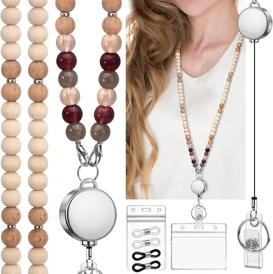 Teacher Lanyard with Id Holder, Cute Lanyards for Id Badges Keys, Retractable Natural Wooden Beaded Lanyard for Women, Violet