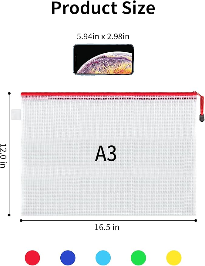 JARLINK 10 Pcs A3 Mesh Zipper Document Pouch, 10 Colors, Waterproof Plastic File Pouches for Organizing School and Office Supplies, Cosmetics, Travel Accessories