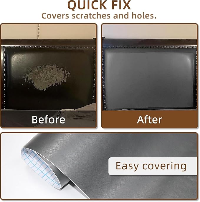 CHEIGHY Leather Repair Kit for Furniture - Advanced PU Material, Strong Self Adhesive Leather Repair Patch for Couch 17X79 inch Vinyl Repair Tape for Car Seat Upholstery Sofa Office Chair (Grey)