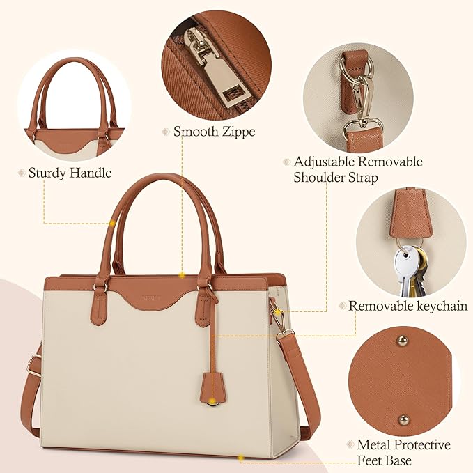 RAINSMORE Laptop Bag for Women 15.6 Inch Waterproof Leather Computer Tote Bag Professional Business Office Work Bags Briefcase Large Capacity Lightweight Women Handbag Shoulder Bag, Beige and Brown