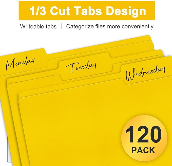 ViVin File Folders, Fits 8.5 x 11 Letter Size Paper, 1/3-Cut Tabs, 120 Pack Manilla Colored File Folders, Perfect for Home, Office, and School Documents File Paper(Yellow)