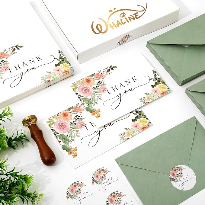 Whaline 50 Pack Floral Thank You Cards Boxed Watercolor Flower with Green Leaves Blank Note Cards with Envelopes Stickers Greeting Cards for Spring Wedding Birthday