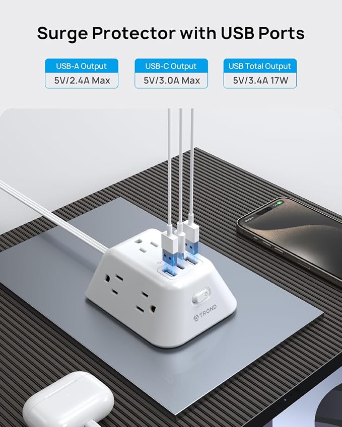 TROND Flat Plug Power Strip Surge Protector, 5FT Ultra Thin Extension Cord, 5 AC Outlets and 3 USB Ports, Wall Mountable, Compact Design for Home Office and Dorm Room Essentials