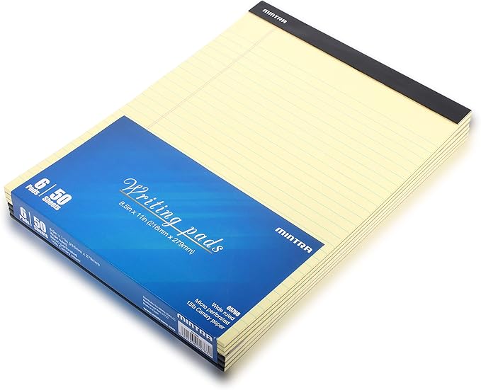 Mintra Office Legal Pads, ((xBasic, 8.5in x 11in, Wide (Canary), 36pk (6-6pks)), Wide Ruled, 50 Sheets per Notepad, Micro perforated Writing Pad, Notebook Paper for School, College, Office, Work