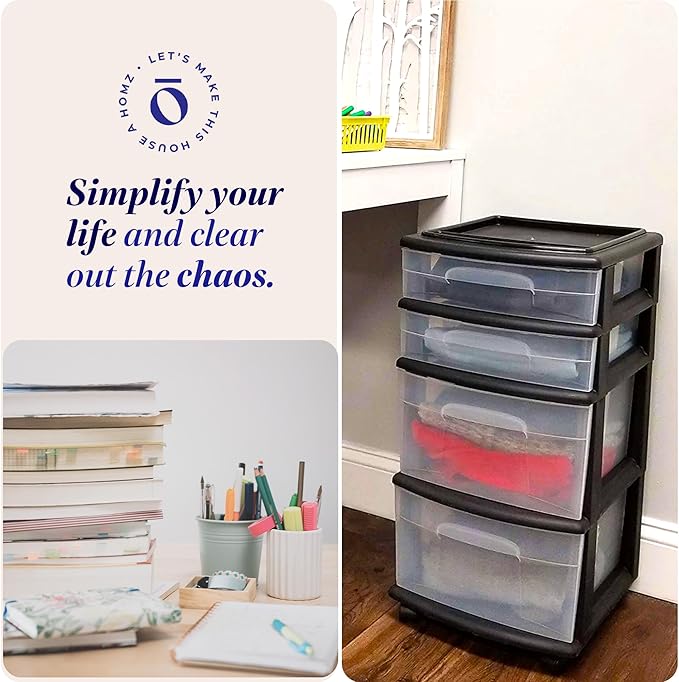 HOMZ 4-Drawer Plastic Storage Cart Organizer with Removable Wheels, Black Frame