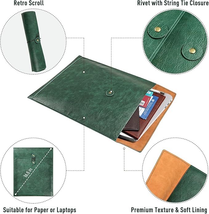 Green A4 PU Leather File Folders for Documents,Important Private File Organizer with String Tie Closure,Laptop Sleeve Notebook Case,Leather Portfolio Binder Envelopes, Filing Folder