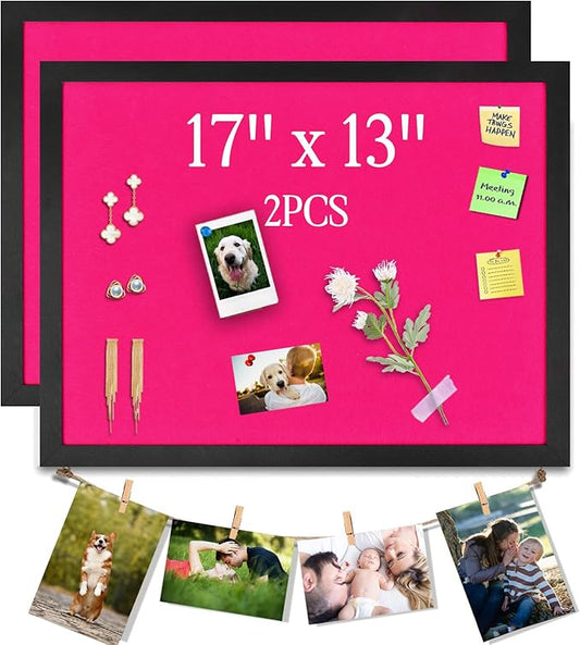 Pink Bulletin Boards Cork Board with Felt, 17"x13" Large Display Pin Board Vision Board for Walls, Jewelry, Notes, Collection, Photos, Office, Wood Framed(Black) & Felt(Pink), 2pc