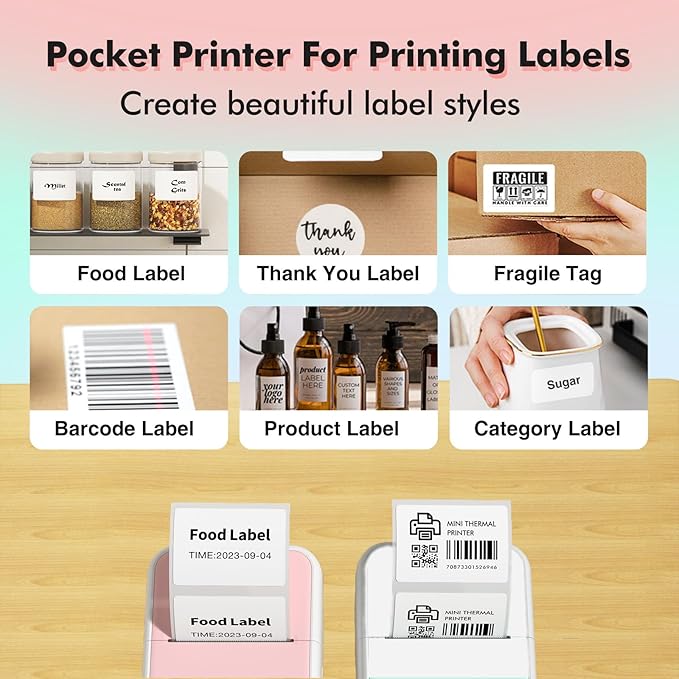 Mini Printer Sticker Printer Bluetooth for Phone Portable Thermal Print for Photo,Note,Journal,Memo,with 6 Rolls Thermal Paper（White）