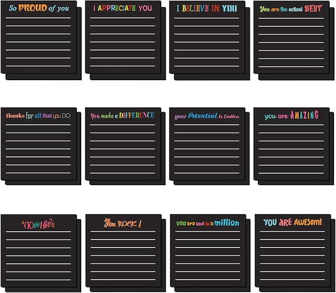 Yinder 24 Pcs Inspirational Sticky Notes with Lines Cute Motivational Sticky Notes Pad Employee Appreciation Gifts Bulk for Teacher Nurse Coworkers Office Supplies 3 x 3''(Black,Appreciation)