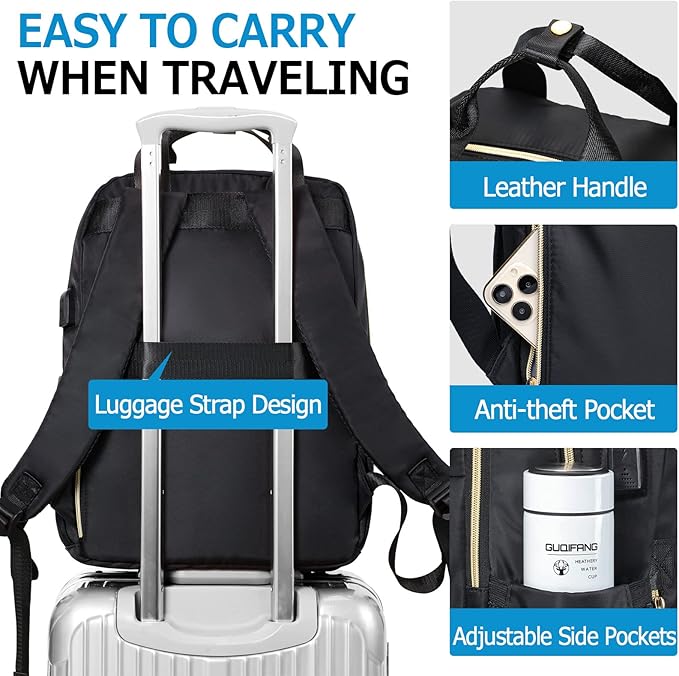 Black Backpack for Women, School Backpack for Teen Girls, 17.3Inch Quilted Backpack Purse with USB Port, Work Business Teacher Student Computer Bag, College Bookbags Casual Daypacks, Black