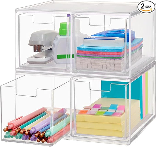 STORi Chloe Space-Saving Clear Drawer Organizer (4 Tall Drawers) Sort Office, Kitchen, Beauty Supplies, Makeup, Pens, Jewelry, Stationary, Made in USA