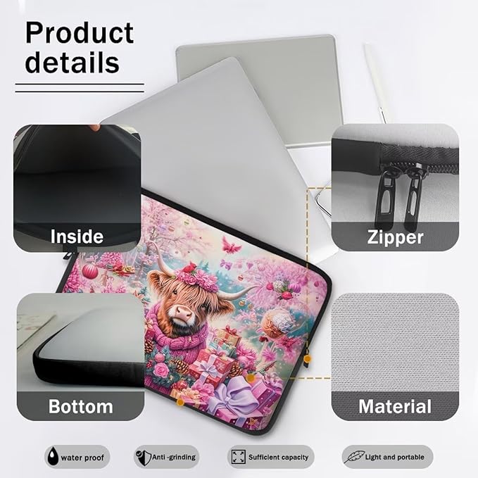 Highland Cow Laptop Sleeve for Women 12 inch Lap Top Case Christmas Laptop Protector Zippered Pouches with Humanize Design Computer Carrying Case Portable Tablet Bag Briefcase