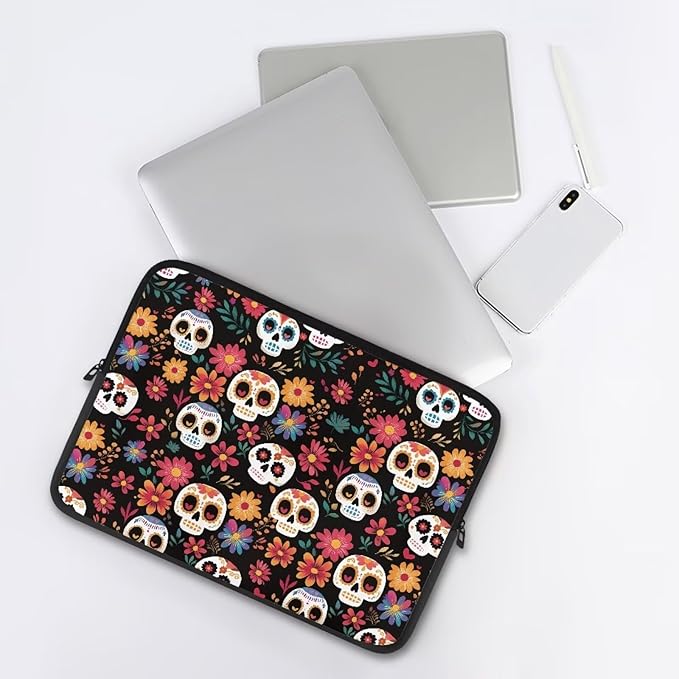 Skull Printed Computer Carrying Cover with Floral Print Laptop Case Bag Easy to Carry Computer Bag, 17 Inch Lightweight Laptop Briefcase Messenger Bag for Women