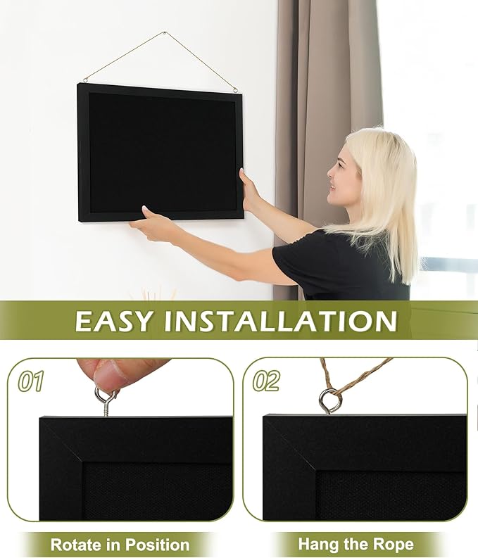 2-Pack Double-sided Black Cork Board with Linen, 16" x 12" Hanging Wood Framed Small Bulletin Board, Picture Display Vision Board Kit Corkboards for Wall Room School Office Decor, 20 Pushpins