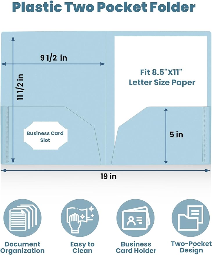 SUNEE 2 Pocket Folders (12 Pack, Pastel Colors) Heavy-Duty Plastic Folders with Pockets, Fit 8.5x11 Letter Size Paper, 2-Pocket File Folders for Kids, Home, School, Office