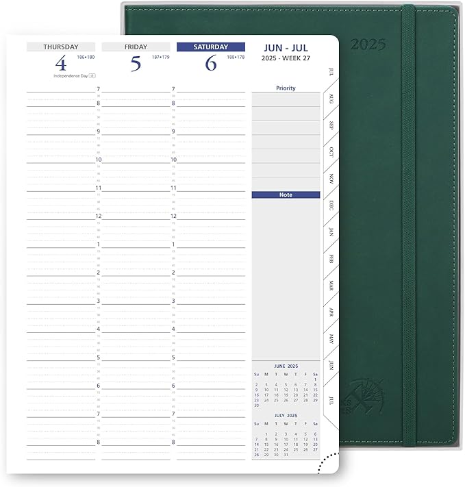 POPRUN 2025 Weekly Planner 8.5" x 11", Quarter-Hourly Appointment Book with PU Leather Soft Cover, Dual Pockets, Gift Box, Monthly Tabs, 100GSM Thick Paper, Sunday Start - Forest Green