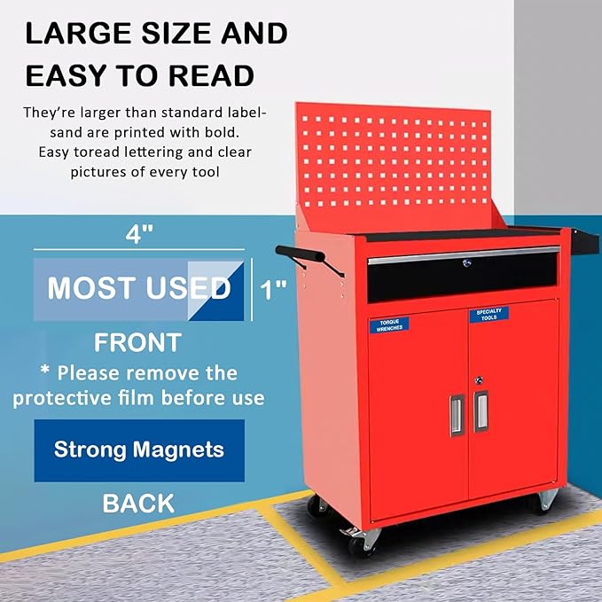 Tool Box Organization Magnetic Labels,Tool Chest Organizer Labels with Strong Magnets,Easy to Read Printing - Fits All Brands of Steel Tool Box Drawers,Blue-(72 Pcs, 4 x 1 Inches)