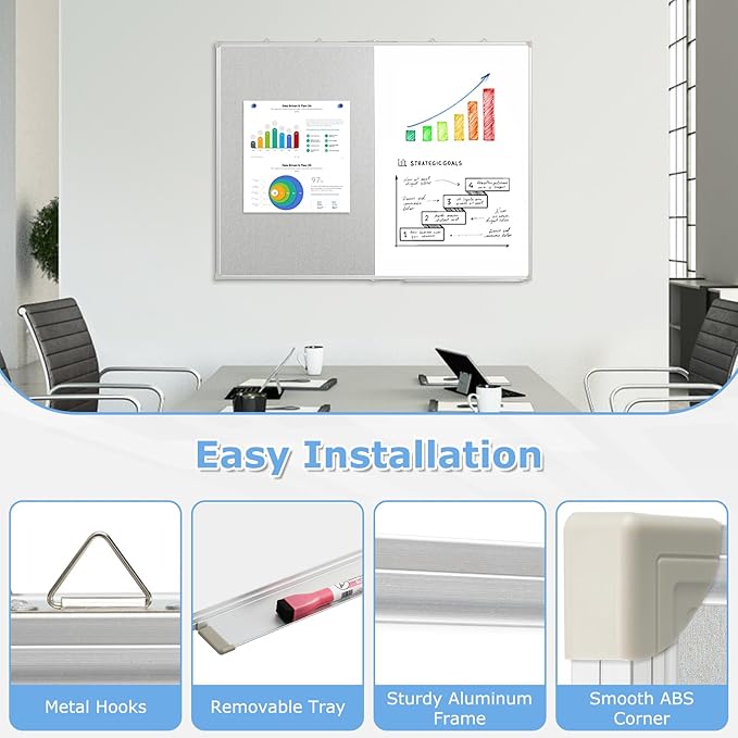 DOLLAR BOSS Foldable Linen Cork Board White Board Combo 48 x 36 in Extra Large Magnetic Whiteboard Dry Erase Bulletin Board Portable Double Sided Aluminum Frame Pin Board for School Office, Grey
