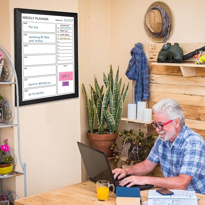 Dry Erase White Board Weekly Calendar Board, Magnetic Whiteboard for Wall,18“x24 Solid Wood Black Framed Message Board, Planner Board for Office, Home, School（Weekly-BB-BK-4560