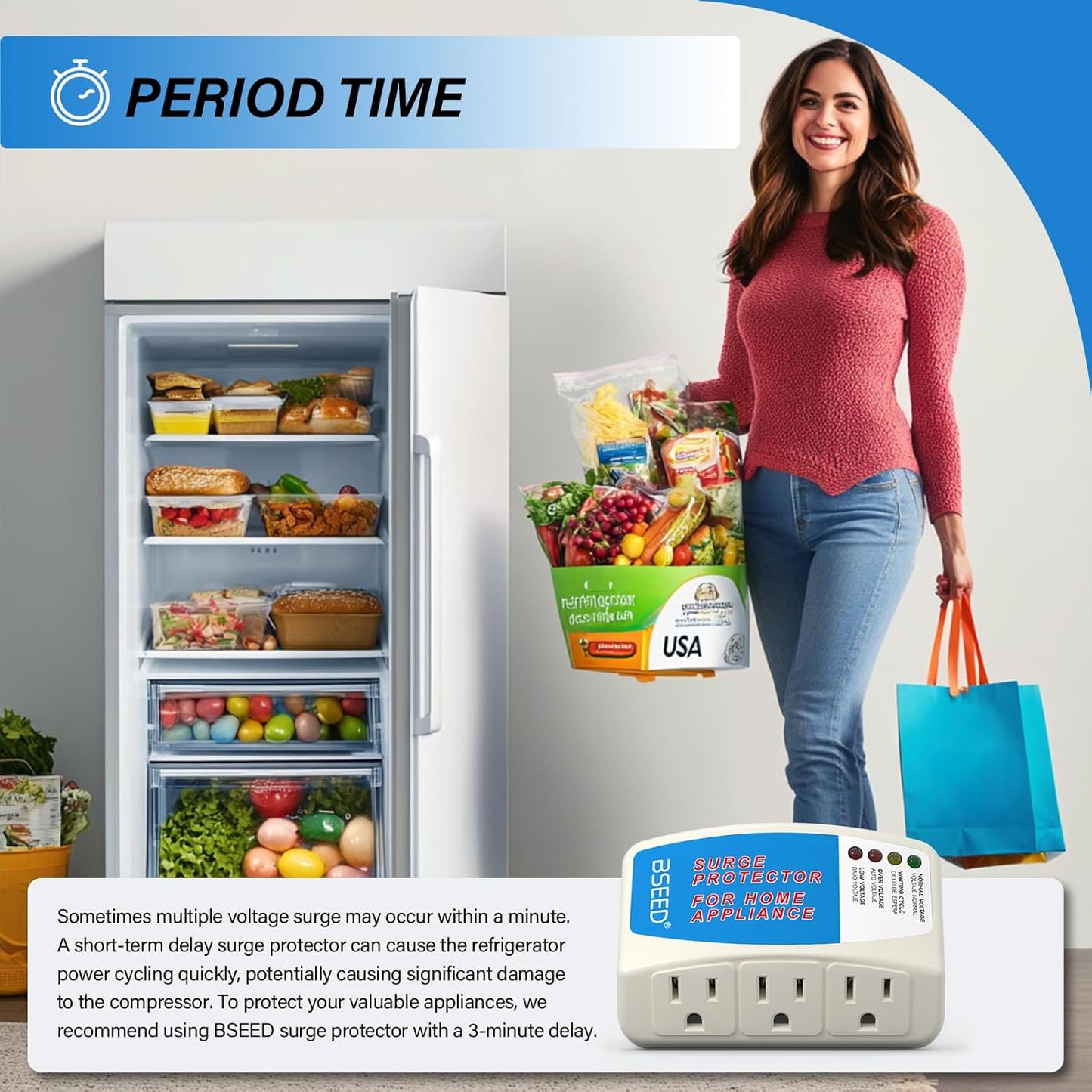 BSEED Home Appliance Surge Protector, Surge Protector for Refrigerator Wall Mount Three Plugs with Protection Low/High Voltage Protector Brownout Outlet Plug in 125V, 1875W, 2 Pack