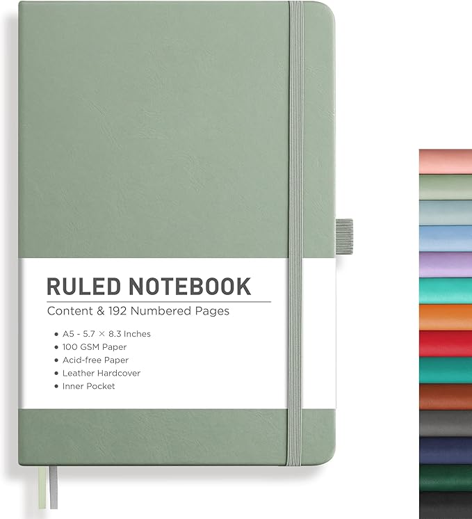 RETTACY Journaling Notebooks, A5 Lined Journal Notebook with 192 Numbered Pages, 5.7'' × 8.3'' Medium Size, for Writing, Work, Office, Leather Hardcover, 100 GSM Thick Paper (Sage Green)