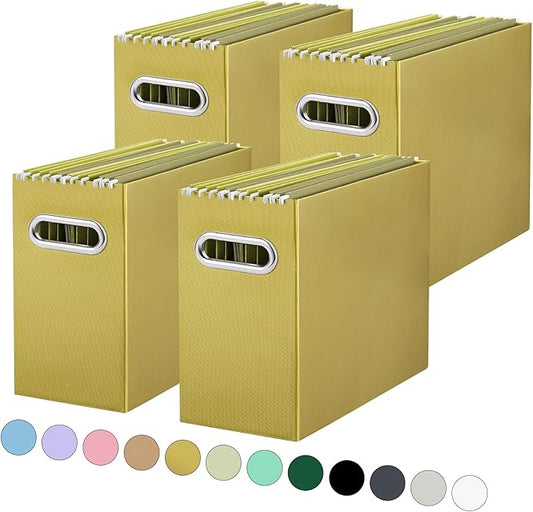 Oterri File Organizer, Small Storage Box, Cardboard File Folder Organizer, Collapsible File Box, Hanging File Organizer for Letter Size, Portable File Box with Handle, Only Box (Olive,4 Packs)