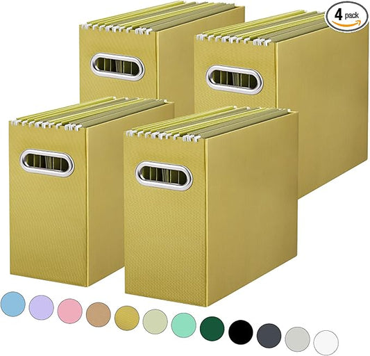 Oterri File Organizer, Small Storage Box, Cardboard File Folder Organizer, Collapsible File Box, Hanging File Organizer for Letter Size, Portable File Box with Handle, Only Box (Olive,4 Packs)
