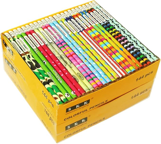 SKKSTATIONERY 288pcs Assorted Colorful Pencils Wooden Pencil with Eraser Pencil Assortment, Novelty Kids Awards & Incentives Pencils